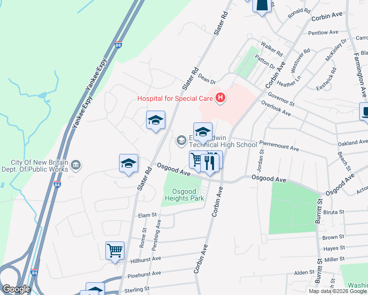 map of restaurants, bars, coffee shops, grocery stores, and more near 735 Slater Road in New Britain