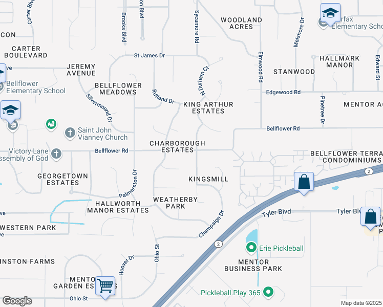 map of restaurants, bars, coffee shops, grocery stores, and more near 6790 S Camelot Dr in Mentor