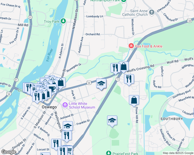 map of restaurants, bars, coffee shops, grocery stores, and more near 314 Chicago Road in Oswego