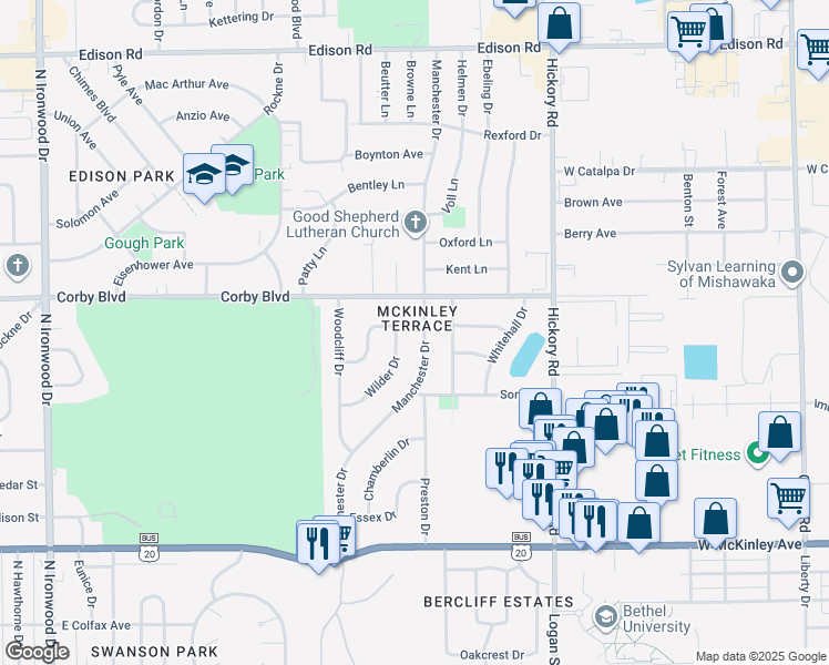 map of restaurants, bars, coffee shops, grocery stores, and more near 3214 Salem Drive in South Bend