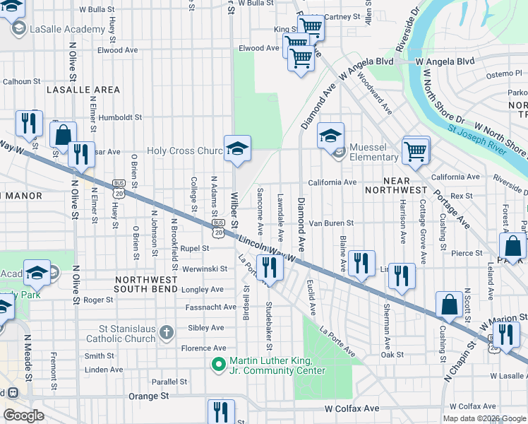 map of restaurants, bars, coffee shops, grocery stores, and more near 812 Sancome Avenue in South Bend
