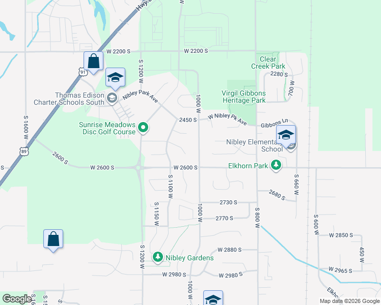 map of restaurants, bars, coffee shops, grocery stores, and more near 1045 2500 South in Nibley