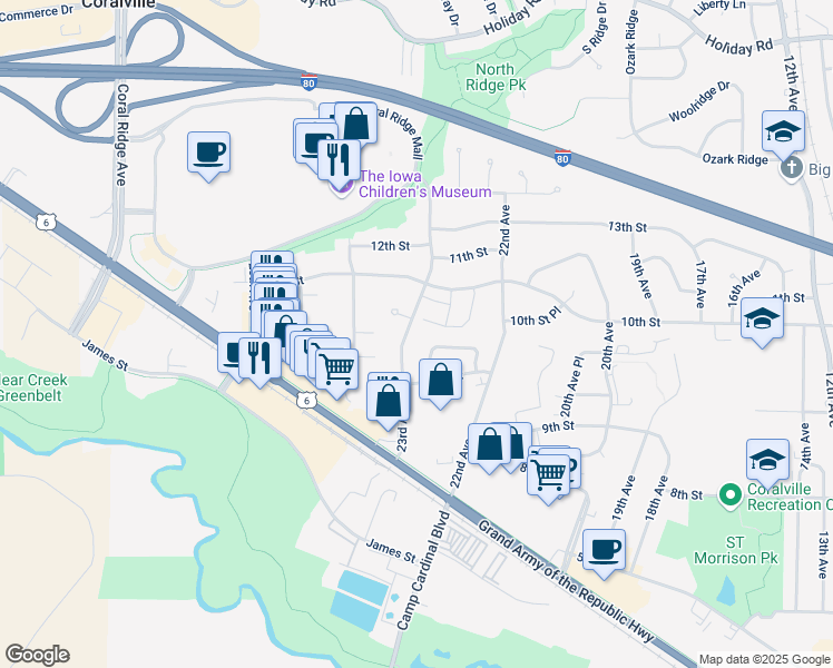 map of restaurants, bars, coffee shops, grocery stores, and more near 930 23rd Avenue Place in Coralville