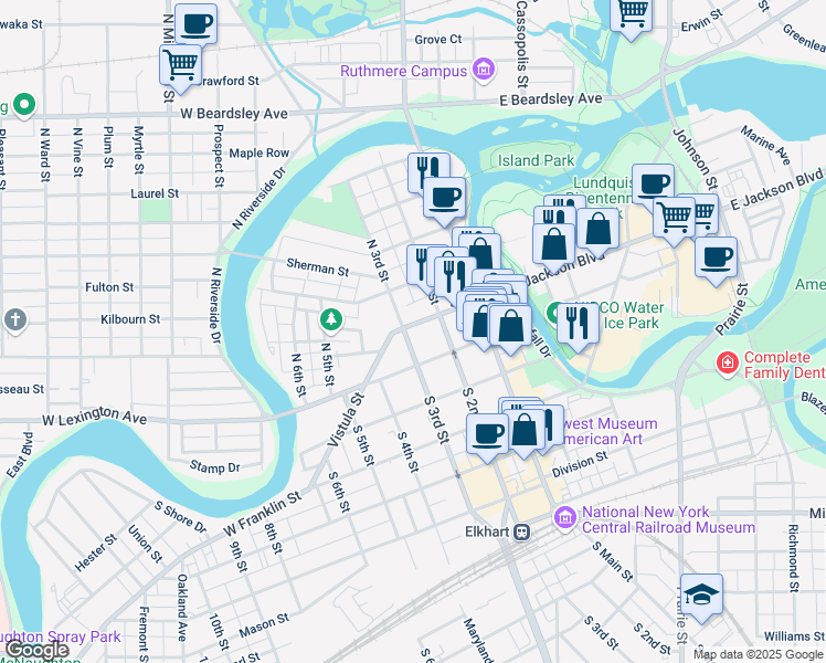 map of restaurants, bars, coffee shops, grocery stores, and more near 229 West Jackson Boulevard in Elkhart