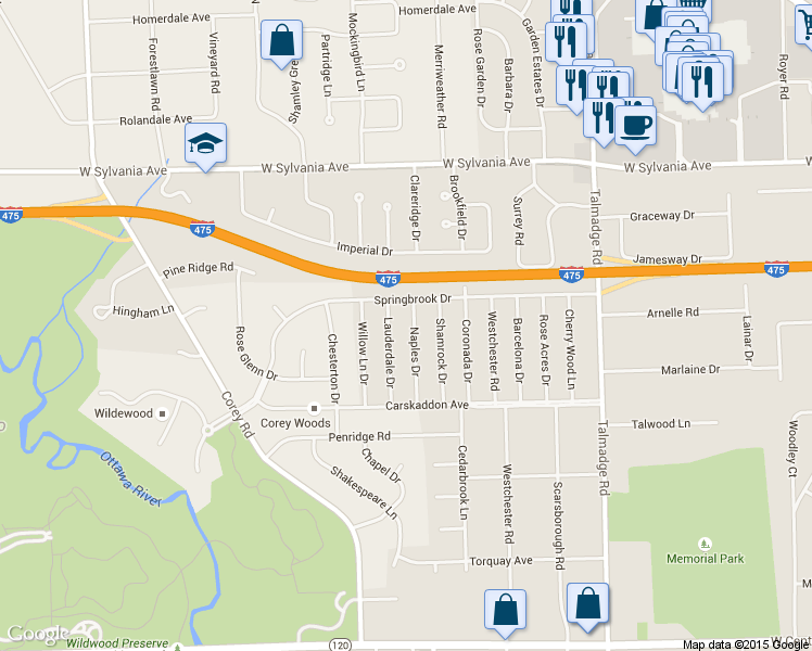 map of restaurants, bars, coffee shops, grocery stores, and more near 3723 Naples Drive in Toledo