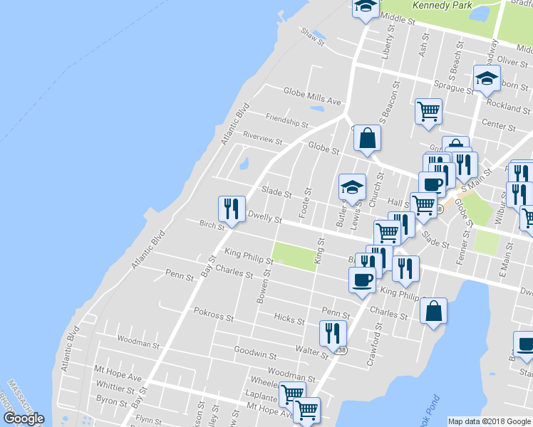 map of restaurants, bars, coffee shops, grocery stores, and more near 252 Dwelly Street in Fall River