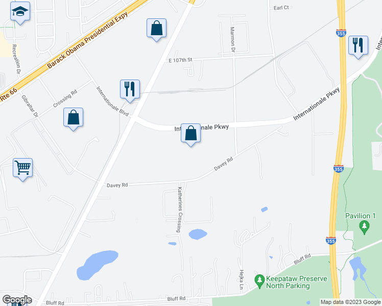 map of restaurants, bars, coffee shops, grocery stores, and more near 2501 Internationale Parkway in Woodridge
