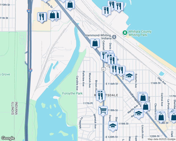 map of restaurants, bars, coffee shops, grocery stores, and more near 1452 Warwick Ave in Whiting