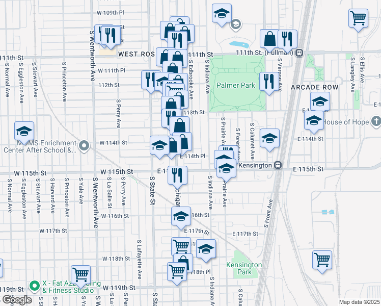 map of restaurants, bars, coffee shops, grocery stores, and more near 128 East 114th Place in Chicago