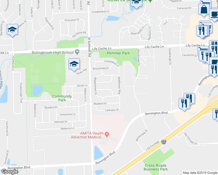 map of restaurants, bars, coffee shops, grocery stores, and more near 428 Hummingbird Lane in Bolingbrook