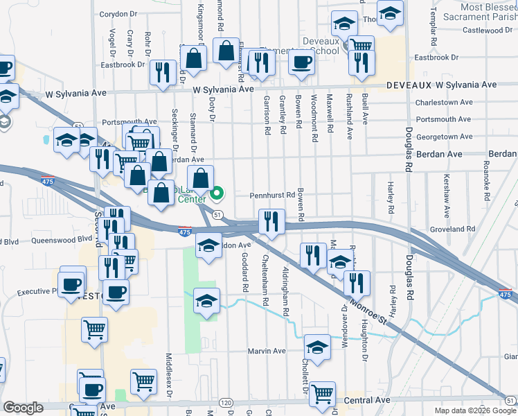 map of restaurants, bars, coffee shops, grocery stores, and more near 3642 Elmhurst Rd in Toledo