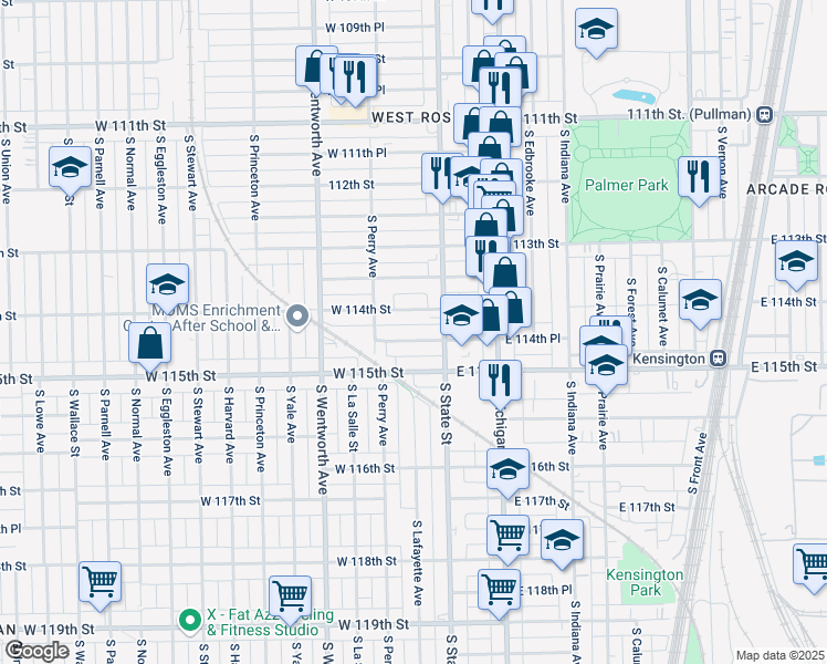 map of restaurants, bars, coffee shops, grocery stores, and more near 30 West 114th Place in Chicago