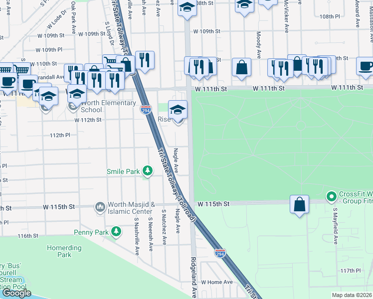 map of restaurants, bars, coffee shops, grocery stores, and more near 11300 South Ridgeland Avenue in Worth