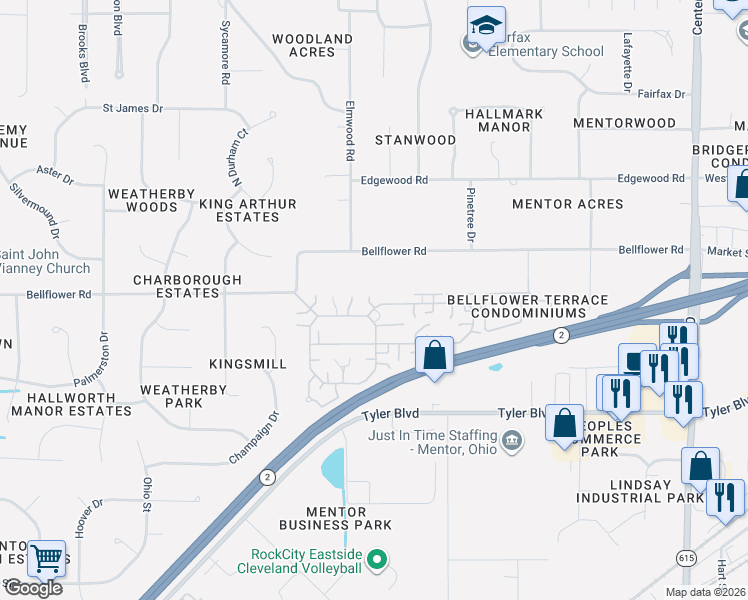 map of restaurants, bars, coffee shops, grocery stores, and more near 8037 Independence Drive in Mentor
