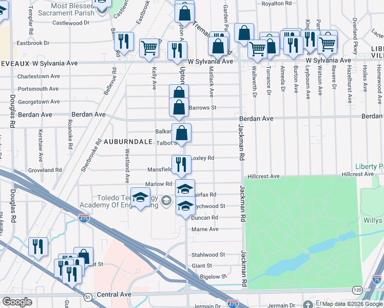 map of restaurants, bars, coffee shops, grocery stores, and more near 3636 Upton Avenue in Toledo