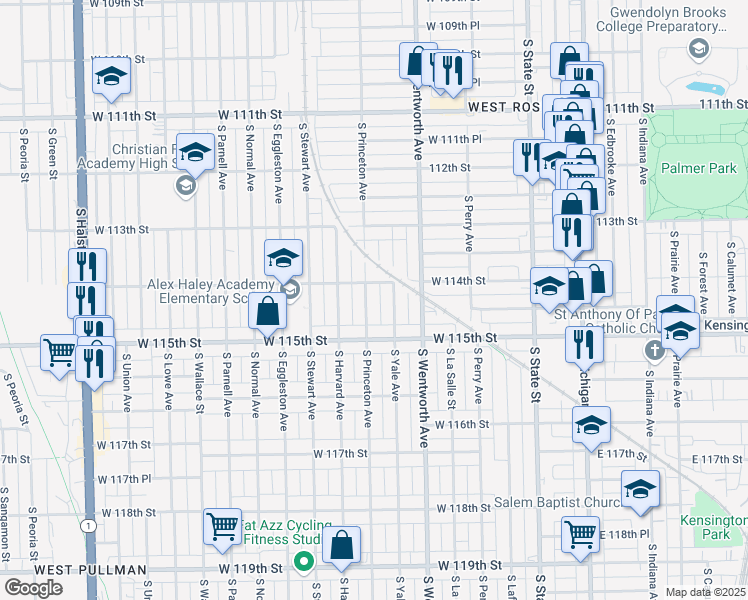 map of restaurants, bars, coffee shops, grocery stores, and more near 11417 South Princeton Avenue in Chicago