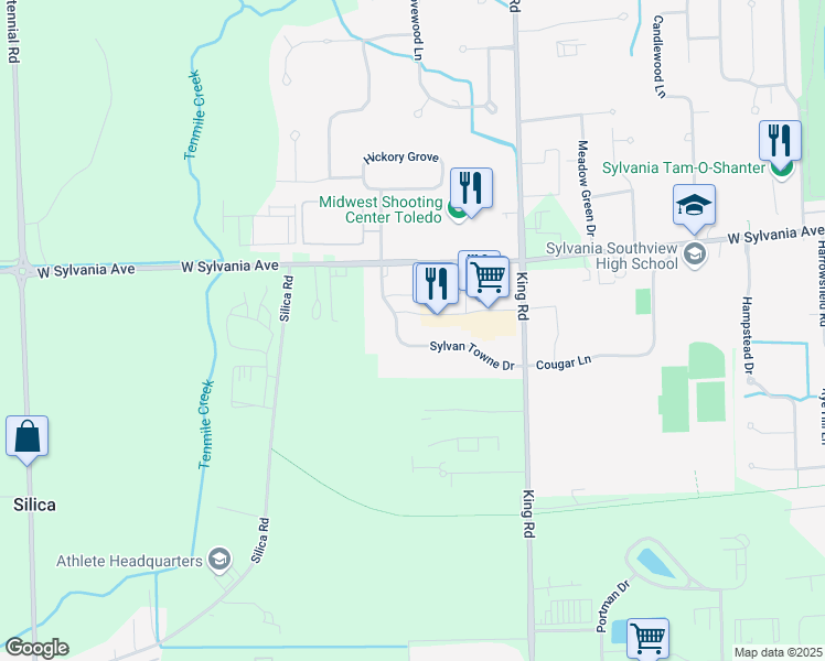 map of restaurants, bars, coffee shops, grocery stores, and more near 3860 Sylvan Lakes Boulevard in Sylvania