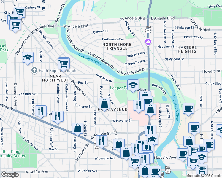 map of restaurants, bars, coffee shops, grocery stores, and more near 834 Park Avenue in South Bend