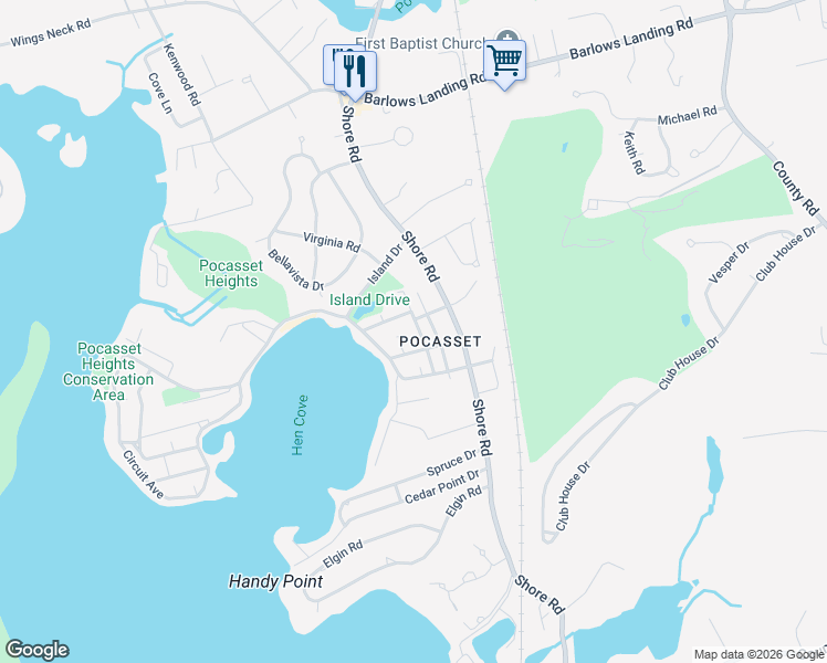 map of restaurants, bars, coffee shops, grocery stores, and more near 37 Wamsutta Avenue in Bourne