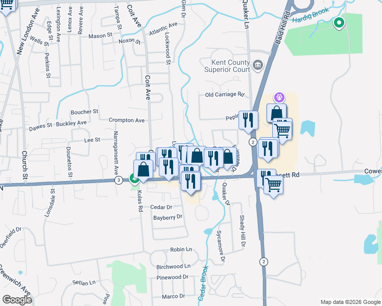 map of restaurants, bars, coffee shops, grocery stores, and more near 24 Jacques Street in West Warwick