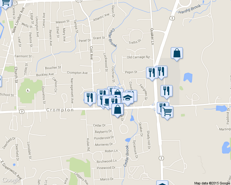 map of restaurants, bars, coffee shops, grocery stores, and more near 24 Jacques St in West Warwick