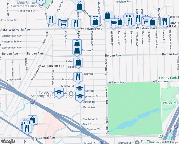map of restaurants, bars, coffee shops, grocery stores, and more near 1814 Loxley Rd in Toledo