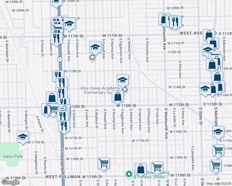 map of restaurants, bars, coffee shops, grocery stores, and more near 11413 S Normal Ave in Chicago
