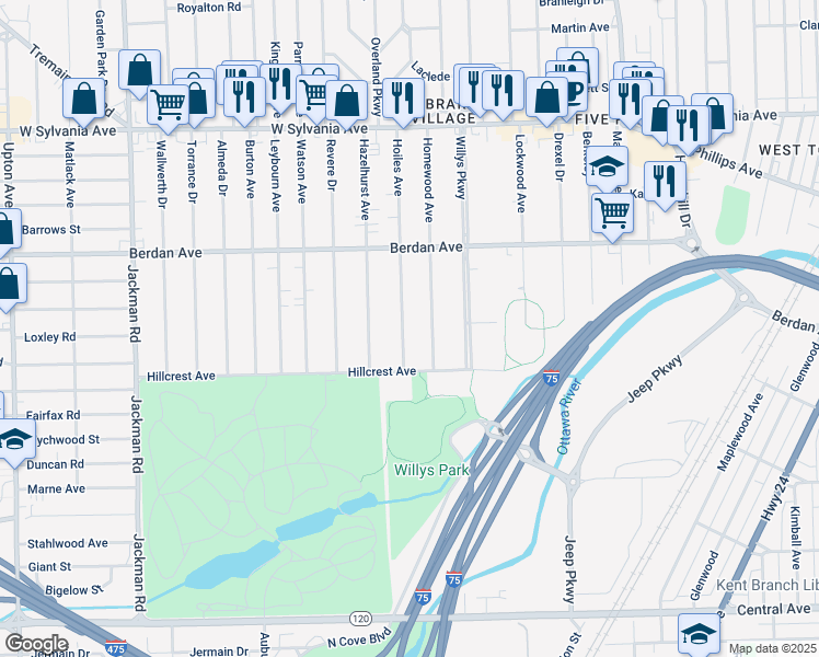 map of restaurants, bars, coffee shops, grocery stores, and more near 3544 Hoiles Avenue in Toledo
