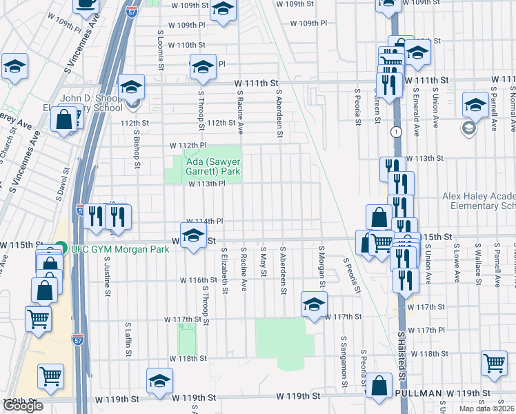 map of restaurants, bars, coffee shops, grocery stores, and more near 11406 South May Street in Chicago