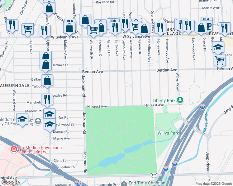map of restaurants, bars, coffee shops, grocery stores, and more near 3611 Burton Avenue in Toledo
