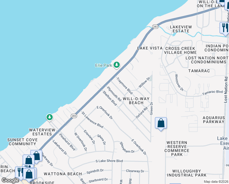map of restaurants, bars, coffee shops, grocery stores, and more near 135 Plymouth Drive in Eastlake