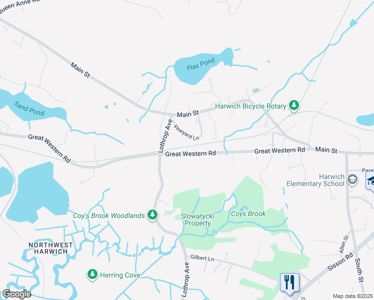 map of restaurants, bars, coffee shops, grocery stores, and more near 362 Great Western Road in Harwich