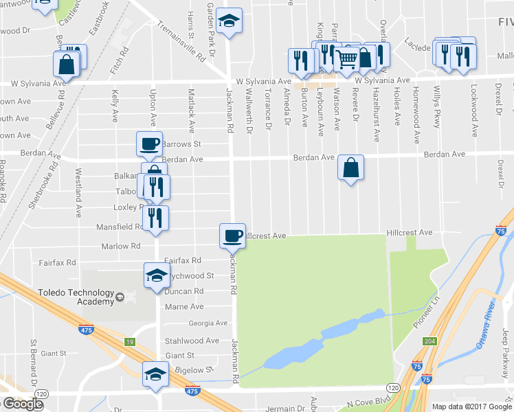 map of restaurants, bars, coffee shops, grocery stores, and more near 3612 Wallwerth Drive in Toledo