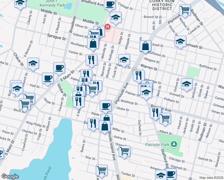 map of restaurants, bars, coffee shops, grocery stores, and more near 385 Palmer Street in Fall River