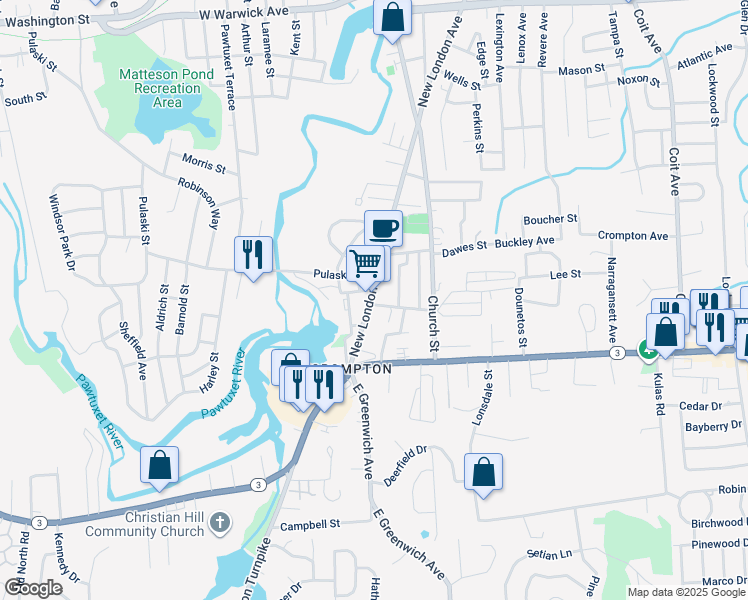map of restaurants, bars, coffee shops, grocery stores, and more near 1675 Main Street in West Warwick