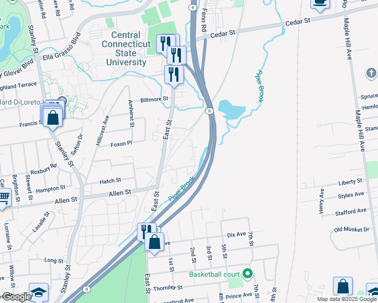 map of restaurants, bars, coffee shops, grocery stores, and more near 60 Saint Clair Avenue in New Britain