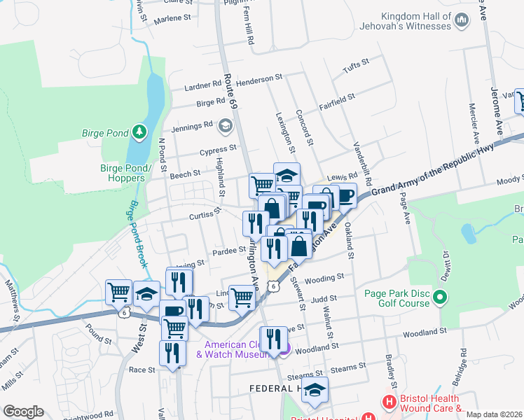 map of restaurants, bars, coffee shops, grocery stores, and more near 152 Burlington Avenue in Bristol