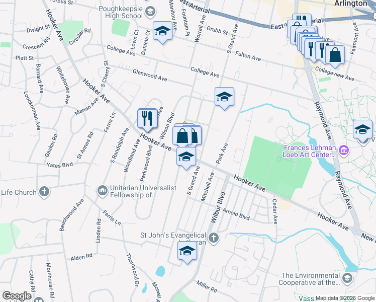 map of restaurants, bars, coffee shops, grocery stores, and more near 254 Hooker Avenue in Poughkeepsie