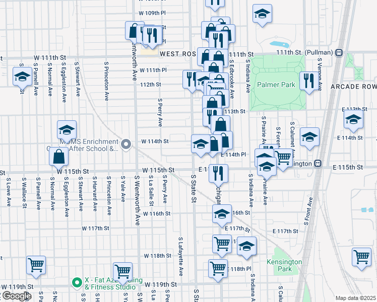 map of restaurants, bars, coffee shops, grocery stores, and more near 30 West 114th Place in Chicago