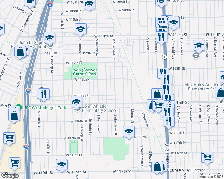 map of restaurants, bars, coffee shops, grocery stores, and more near 11407 South Aberdeen Street in Chicago