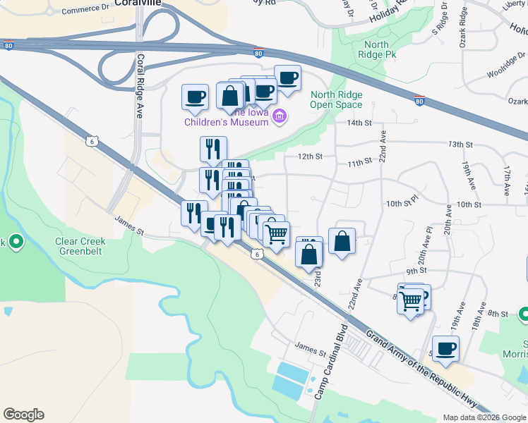 map of restaurants, bars, coffee shops, grocery stores, and more near 920B Boston Way in Coralville