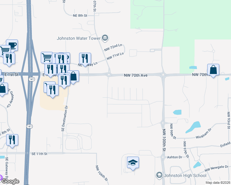 map of restaurants, bars, coffee shops, grocery stores, and more near 10522 Northwest 70th Avenue in Grimes