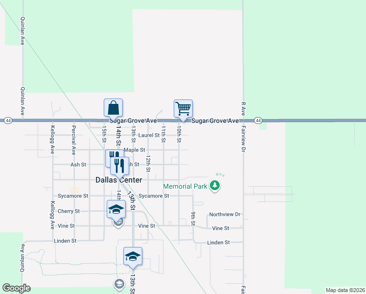 map of restaurants, bars, coffee shops, grocery stores, and more near 907 Maple Street in Dallas Center