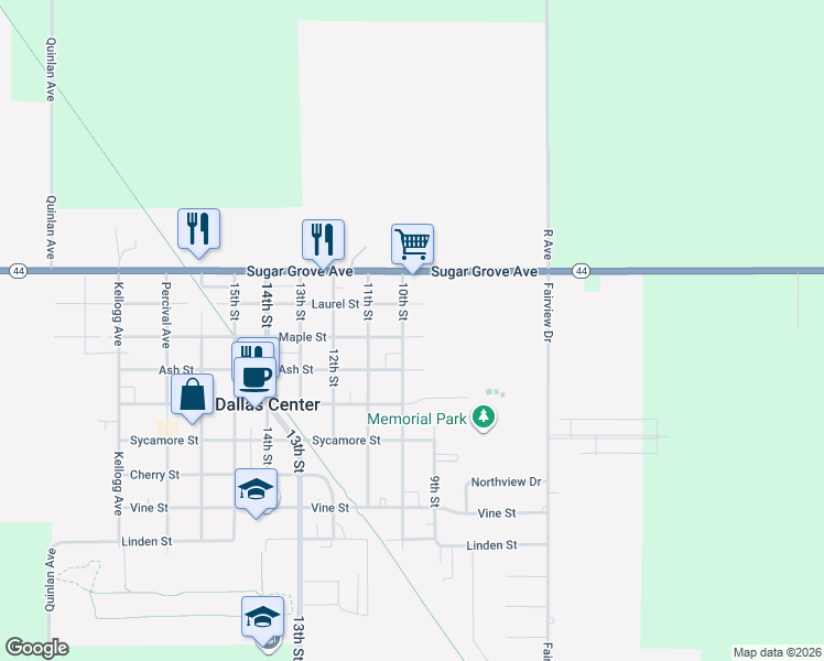 map of restaurants, bars, coffee shops, grocery stores, and more near 907 Maple Street in Dallas Center