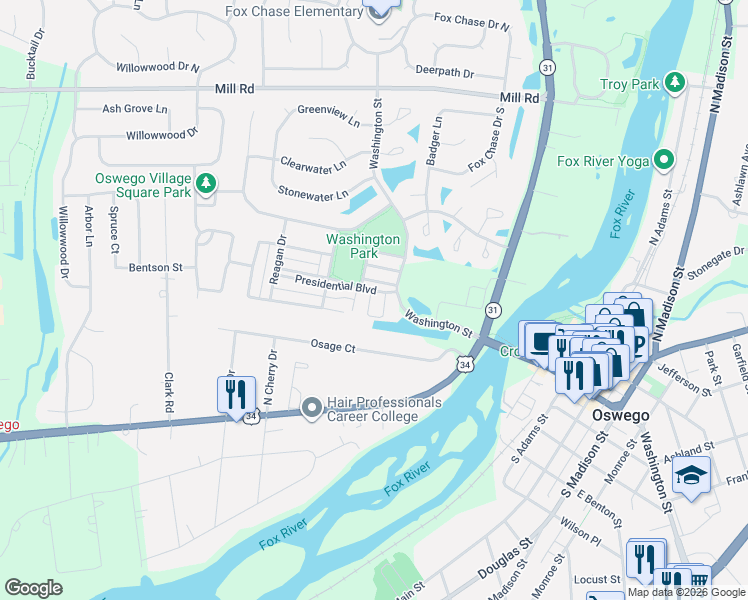map of restaurants, bars, coffee shops, grocery stores, and more near 142 Presidential Boulevard in Oswego