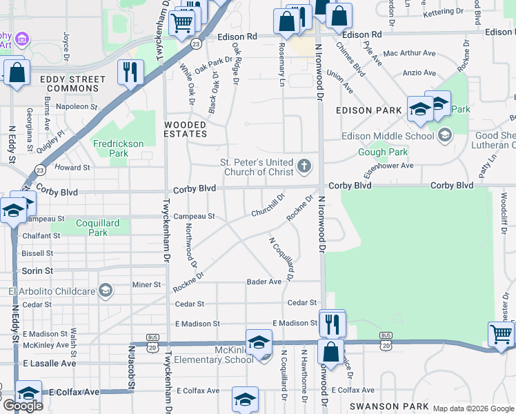 map of restaurants, bars, coffee shops, grocery stores, and more near 805 Gartner Avenue in South Bend