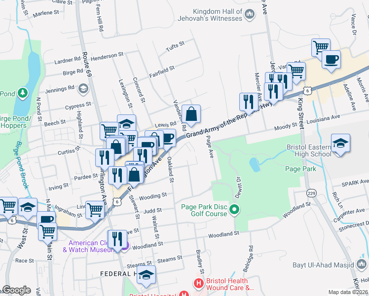 map of restaurants, bars, coffee shops, grocery stores, and more near 42 Eastview Street in Bristol