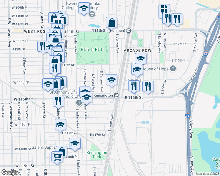 map of restaurants, bars, coffee shops, grocery stores, and more near 11426 South King Drive in Chicago