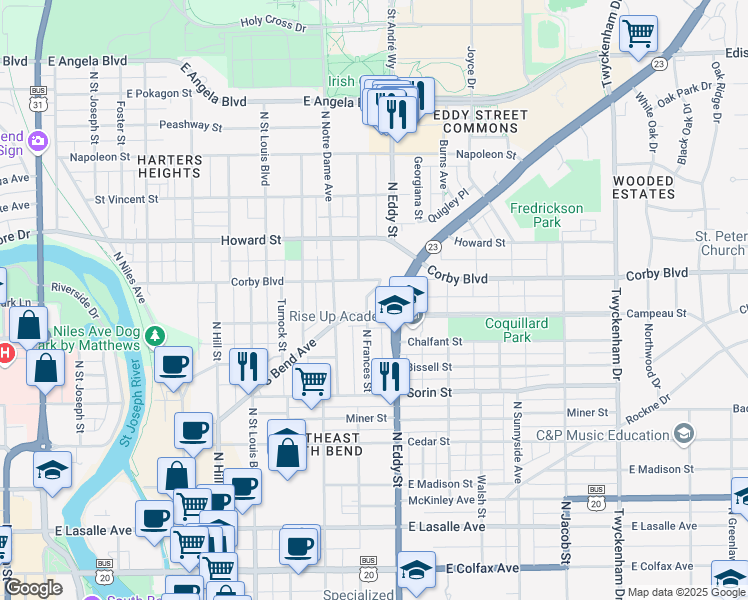 map of restaurants, bars, coffee shops, grocery stores, and more near 1012 South Bend Avenue in South Bend