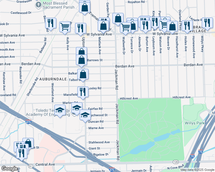 map of restaurants, bars, coffee shops, grocery stores, and more near 1736 Loxley Rd in Toledo